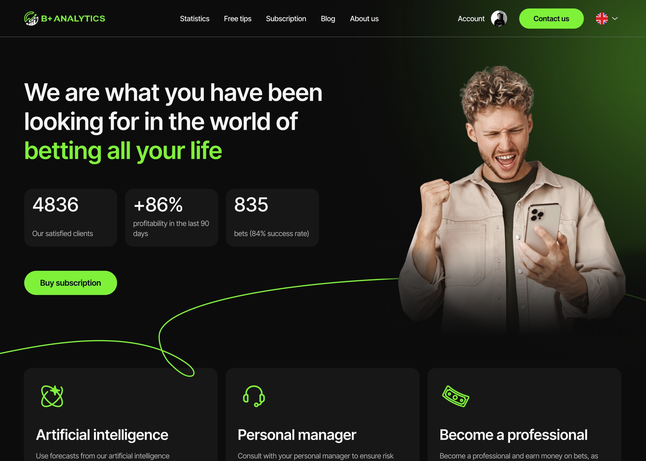 Перший екран платформи спортивної аналітики B + ANALYTICS