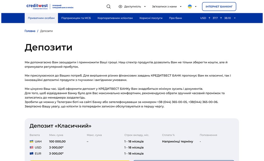 Список депозитных продуктов