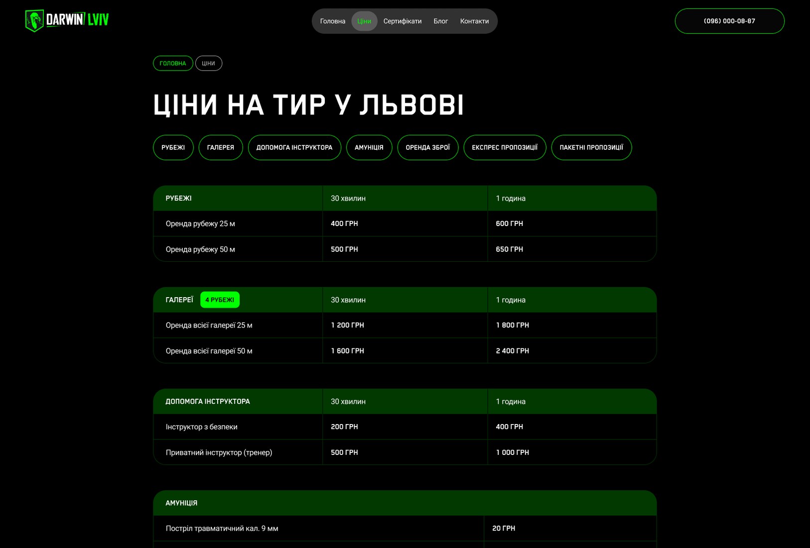 Цены на тир