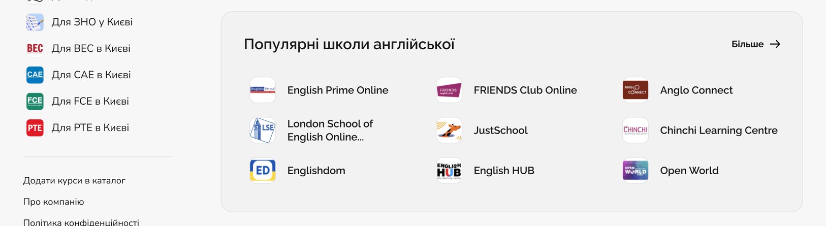 Блок популярних шкіл англійської