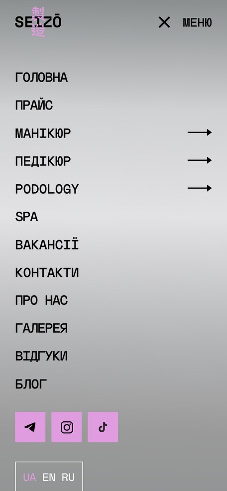Раскрытое меню услуг