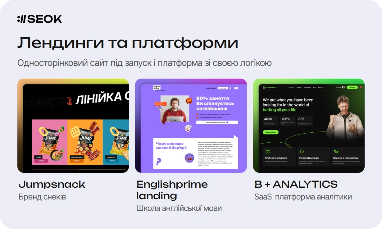 Приклади лендингів і платформ з портфоліо SEOK